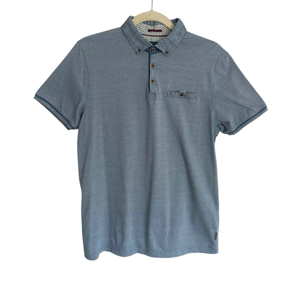 TED BAKER London Blue Button Collar Polo Shirt Pocket Short Sleeve Size L - Picture 2 of 13
